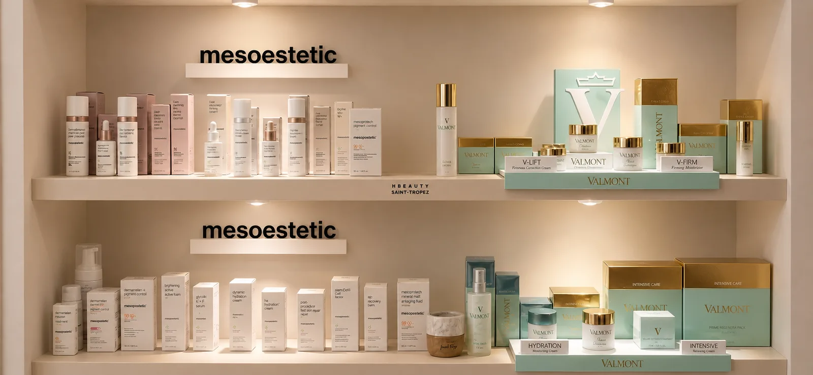 Rayon de produits Valmont et Mesoestetic à l'institut HBEAUTY Saint-Tropez